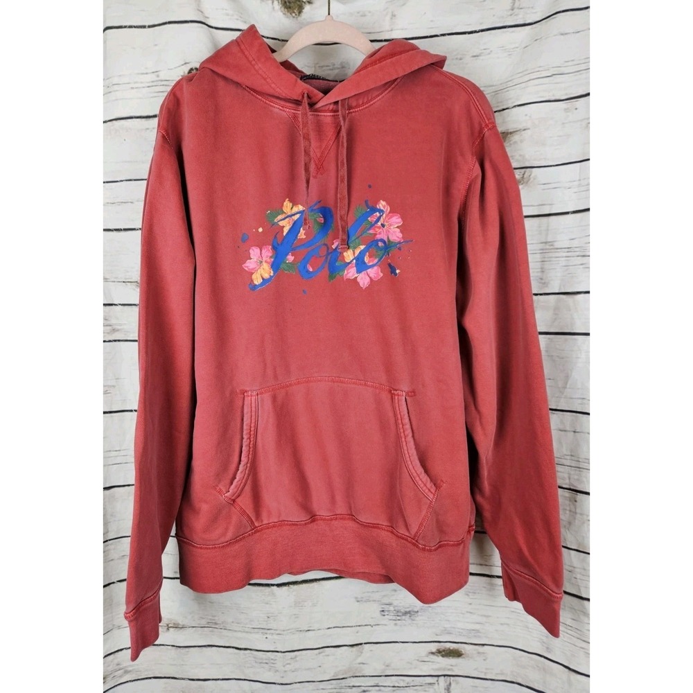 POLO Ralph Lauren Red Floral Logo Script Graphic Sweatshirt Hoodie L Mens Fleece